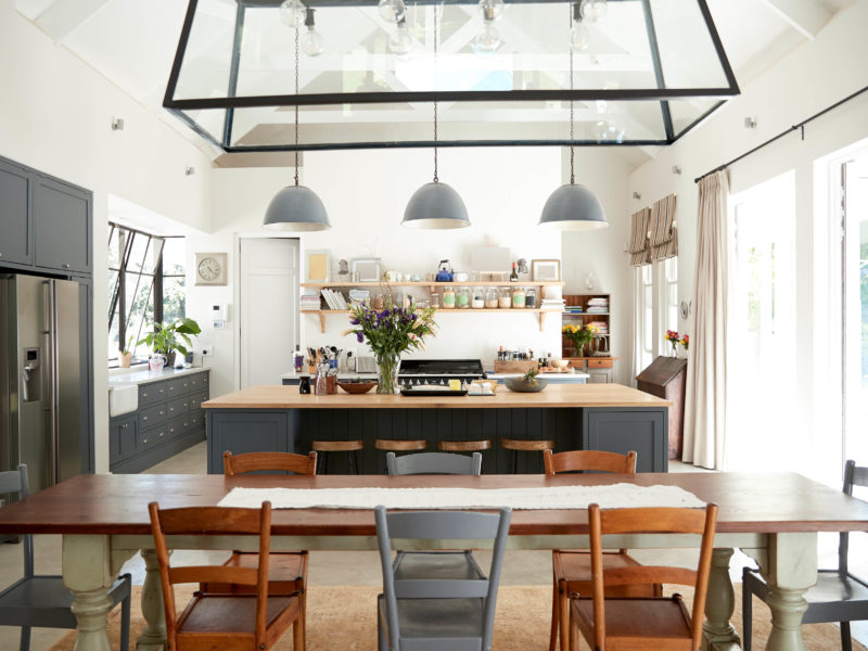 Open plan kitchen diner in a period conversion family home