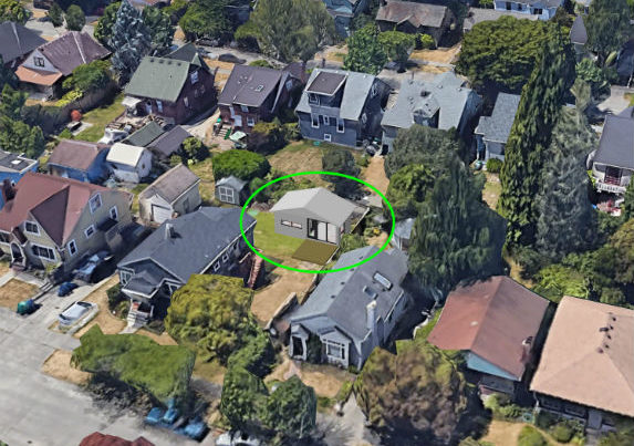 DADU model rendering in Seattle backyard of home on Google Maps